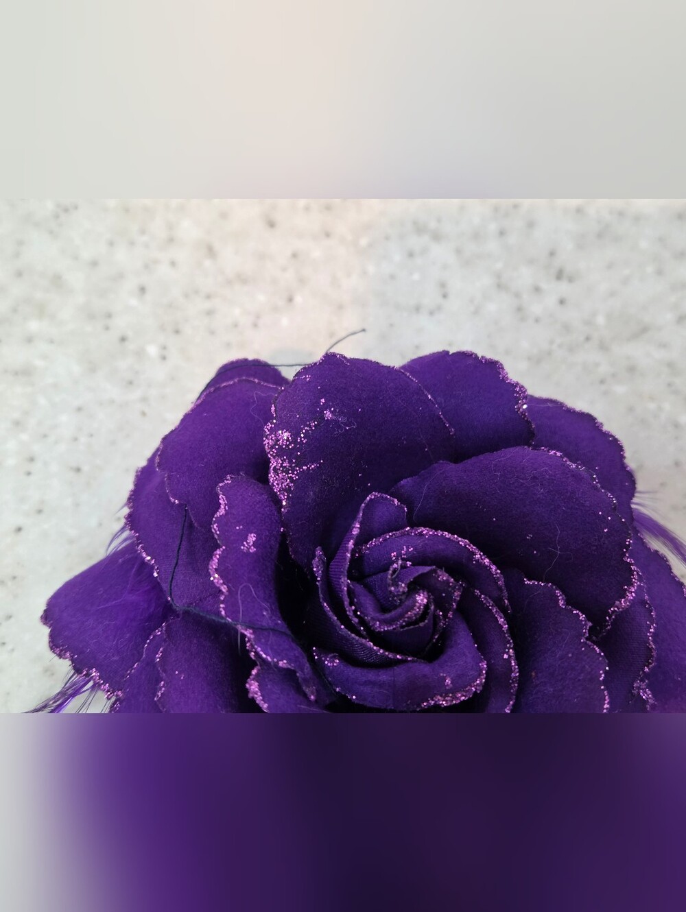 Purple Fabric Rose Flower Brooch Pin Hair Clip Glitter Feather 4" Statement - Picture 2 of 5